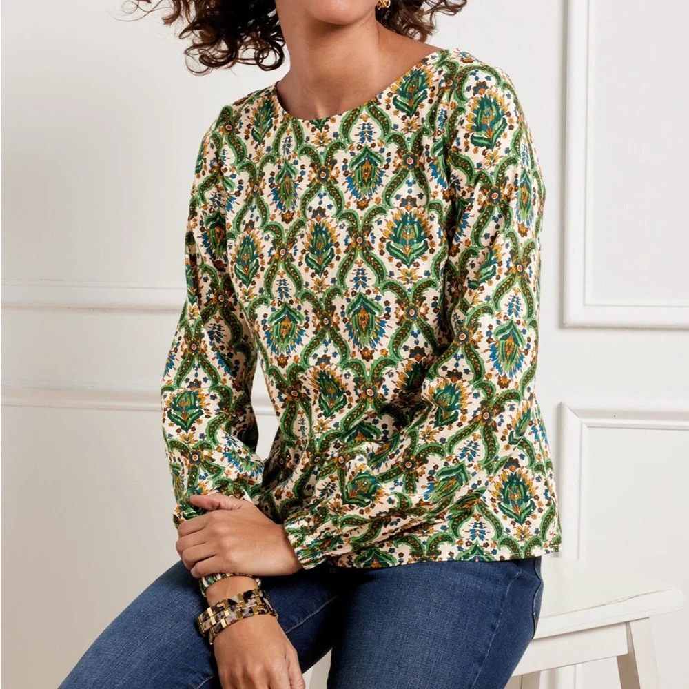 Talbots Green Metallic Geometric Floral Patterned Balloon Sleeve Blouse XL